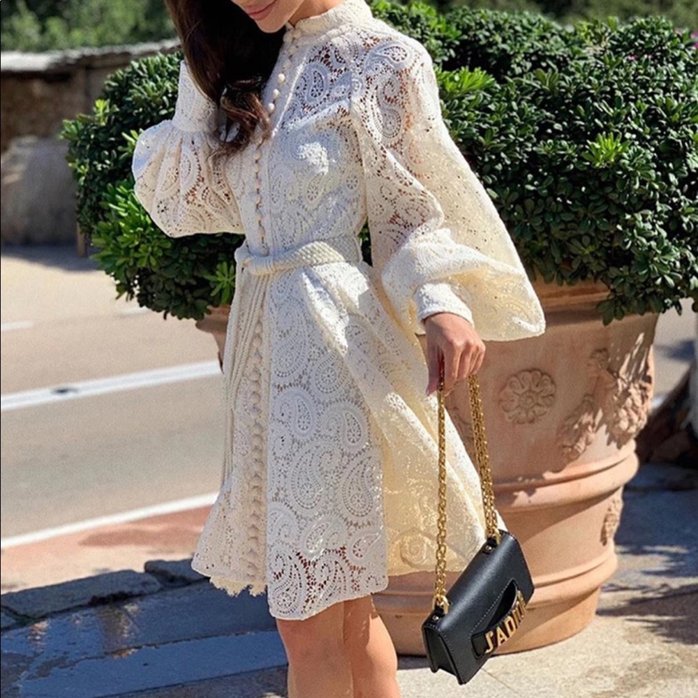 Embroidey Beige Dress Lantern Puff Sleeve Dress - Picture 3 of 16